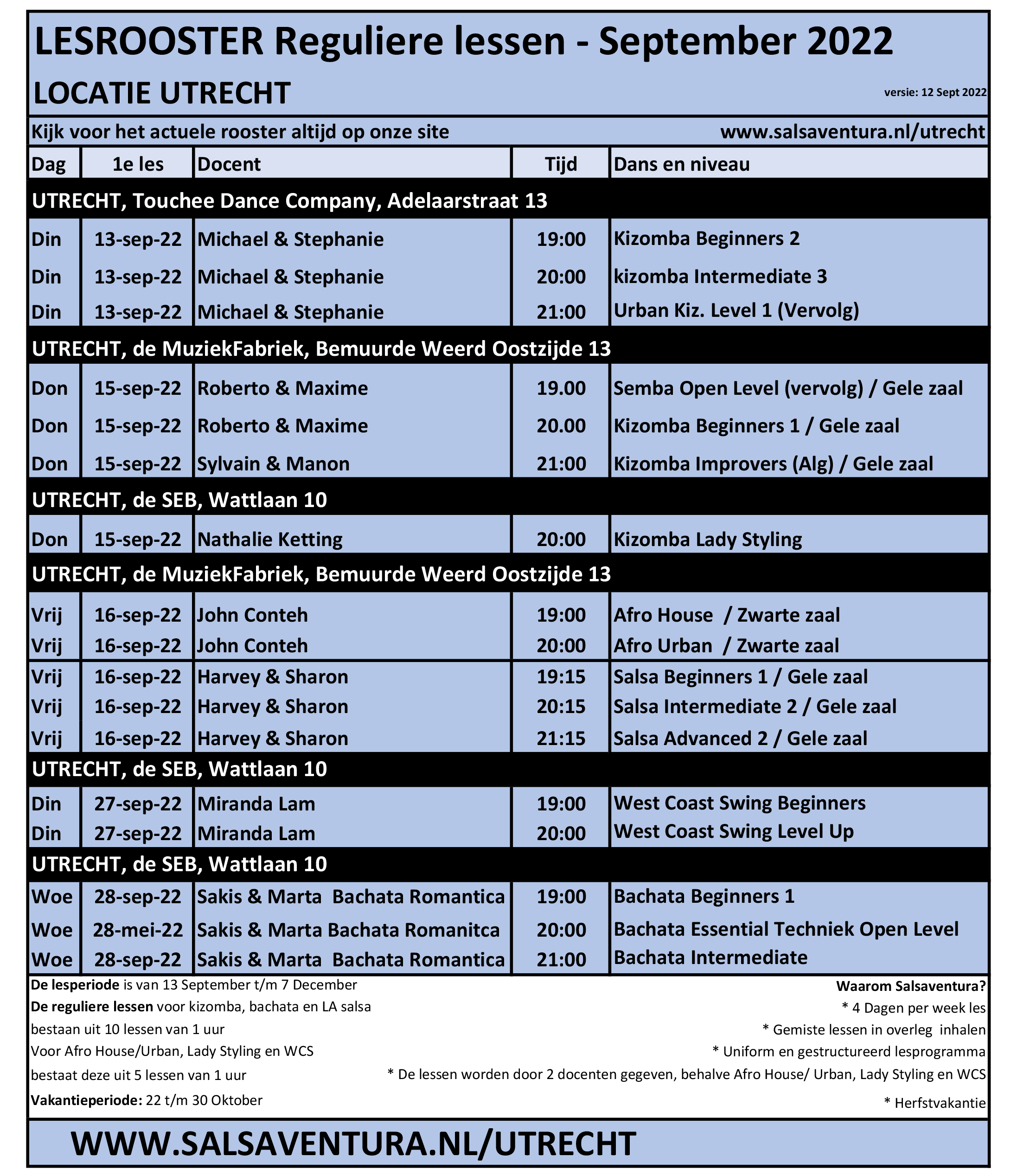 Reguliere lesrooster -12-9-2022