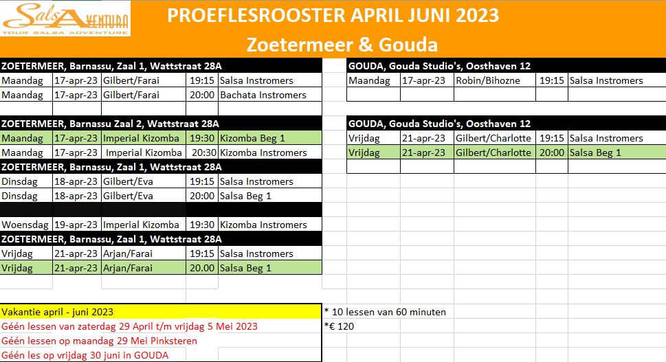 ProeflesroosterApril2023 Salsa bachata kizomba zoetermeer gouda
